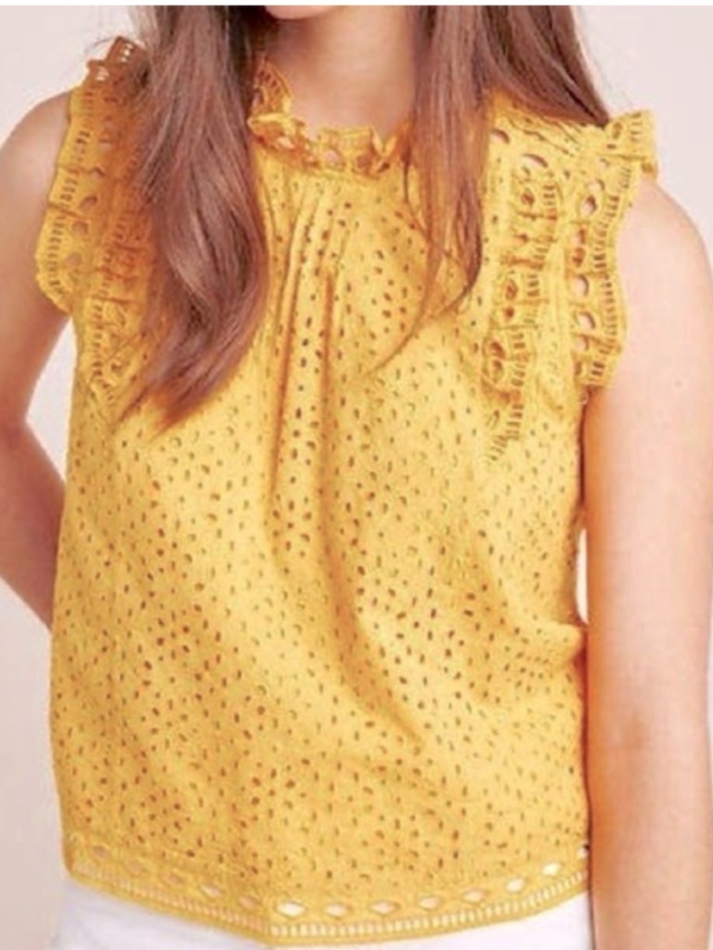 Maeve by Anthropologie Tilly Mustard Yellow eyelet blouse features ruffle detail